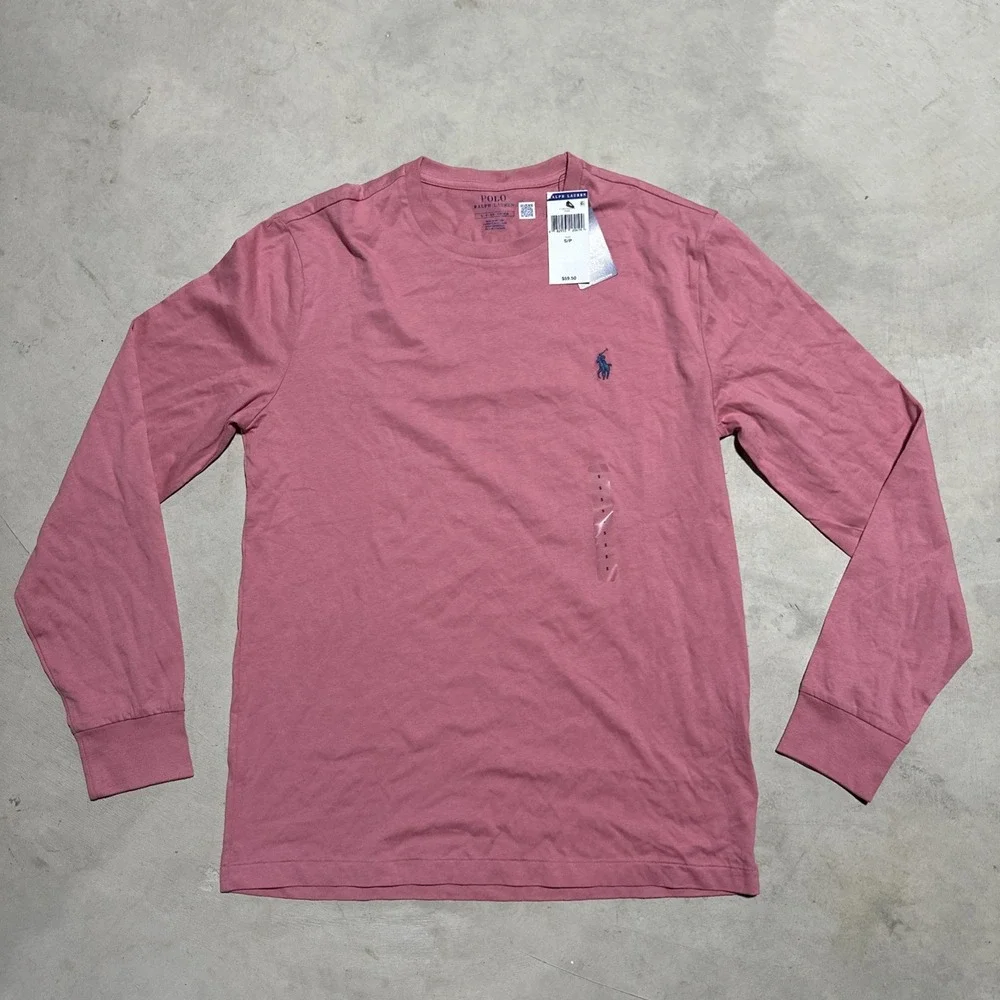 Men's Polo Ralph Lauren Pink Crew Neck Cotton Knit Logo T-Shirt Long Sleeve SZ S